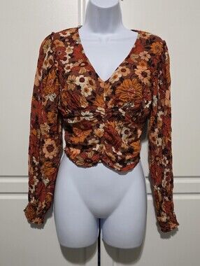 3RD+MALT Womens Rust Boho Floral Ruched Front Smocked Peasant V-neck Cropped Top